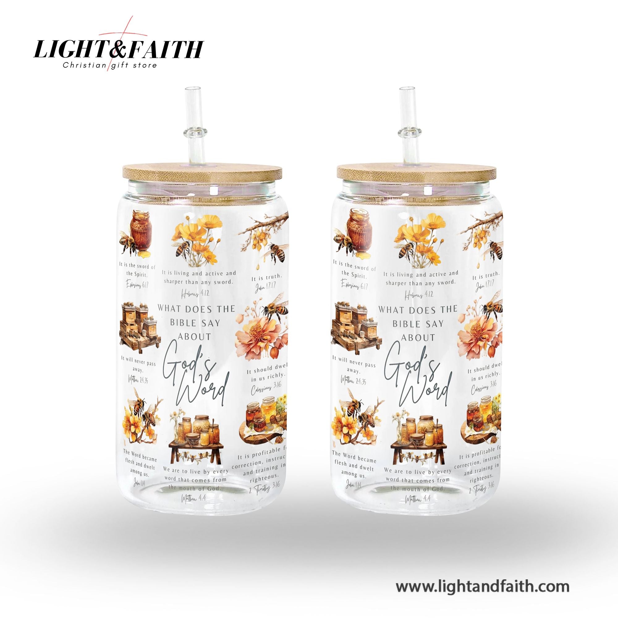 Christian Glass Can with Bamboo Lid and Straw, What the Bible Says About God’s Word Cup, Scripture Iced Coffee Tumbler Gift GCLAF40